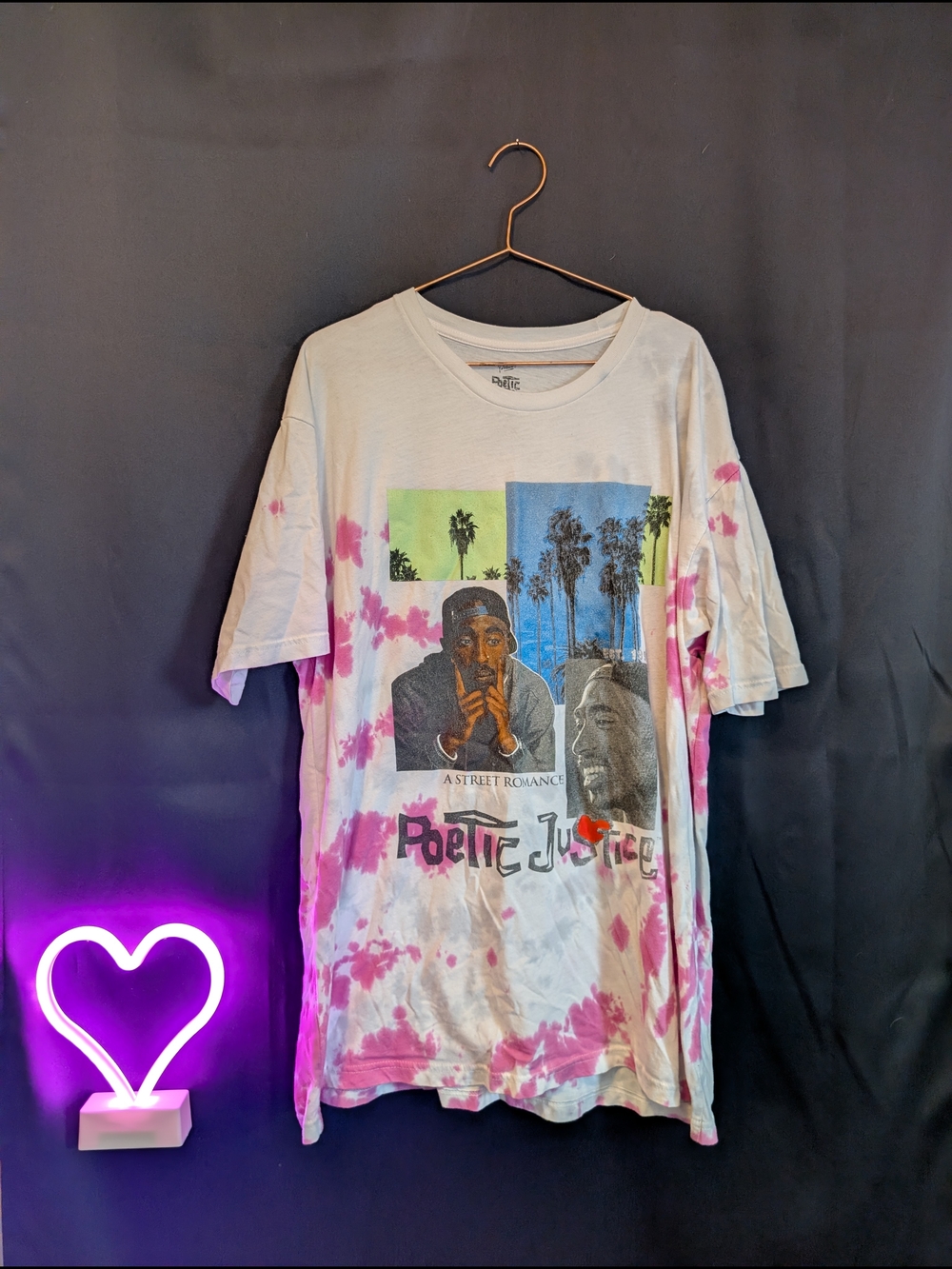 Poetic Justice Tie-Dye Graphic Tee - White & Pink Tupac Hip Hop 90s